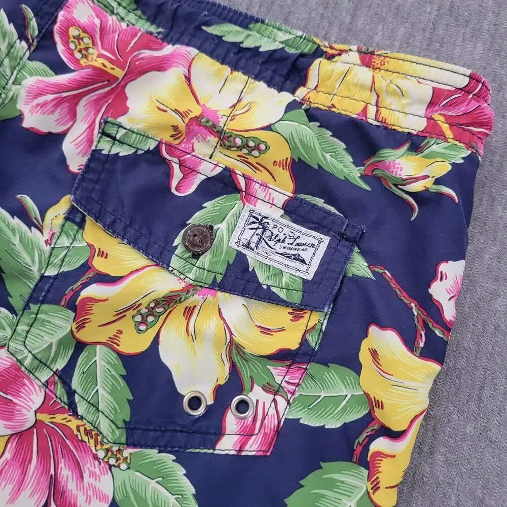 Vintage 90s Polo Ralph Lauren Youth Hibiscus Board Swim Trunks Shorts Size 14-16